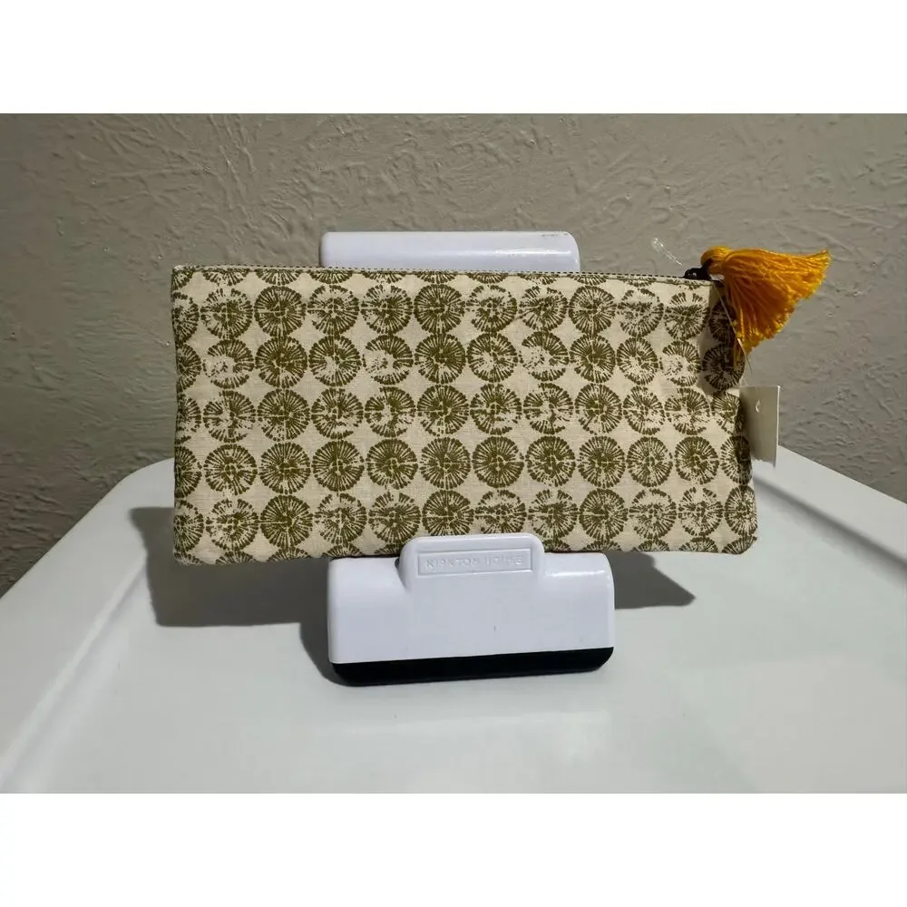 Anthropologie Olive Cream  Batik  Zippered Pouch NEW